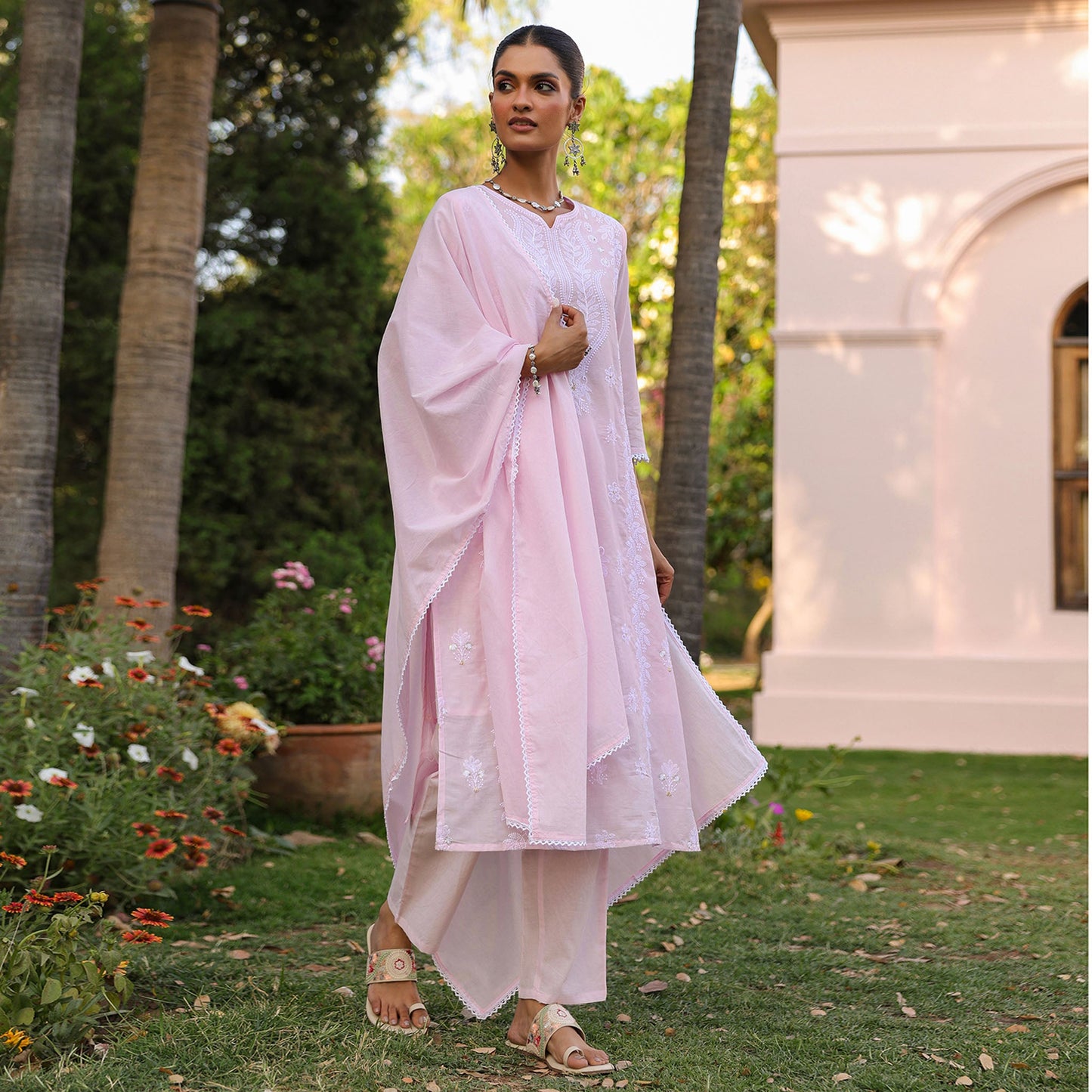Cotton Mulmul Chikankari Embroidered Straight Suit Baby Pink - Bluauraa