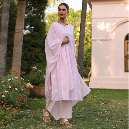 Cotton Mulmul Chikankari Embroidered Straight Suit Baby Pink - Bluauraa