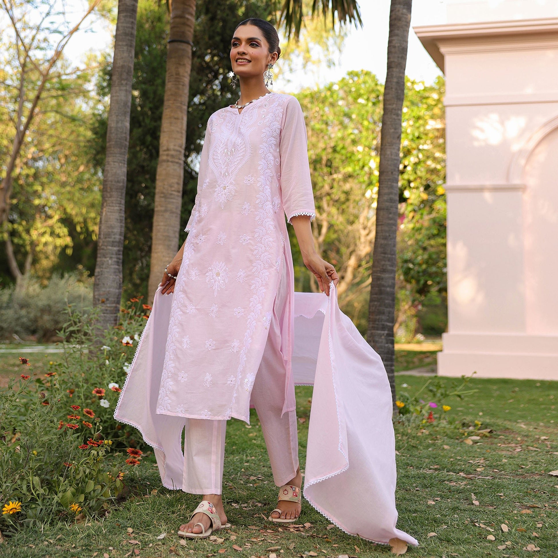 Cotton Mulmul Chikankari Embroidered Straight Suit Baby Pink - Bluauraa