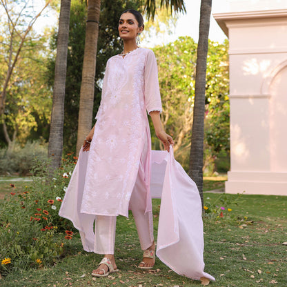 Cotton Mulmul Chikankari Embroidered Straight Suit Baby Pink - Bluauraa