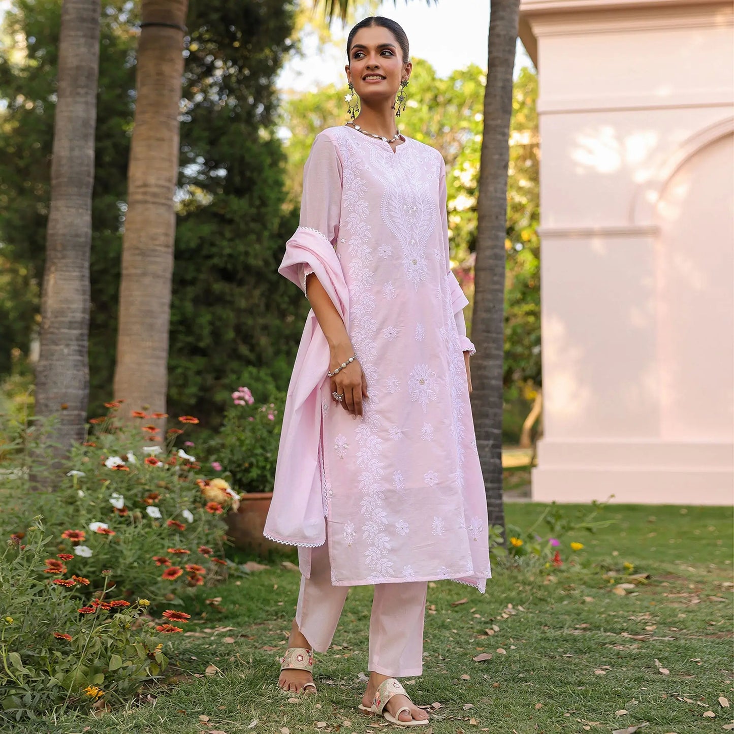 Cotton Mulmul Chikankari Embroidered Straight Suit Baby Pink - Bluauraa