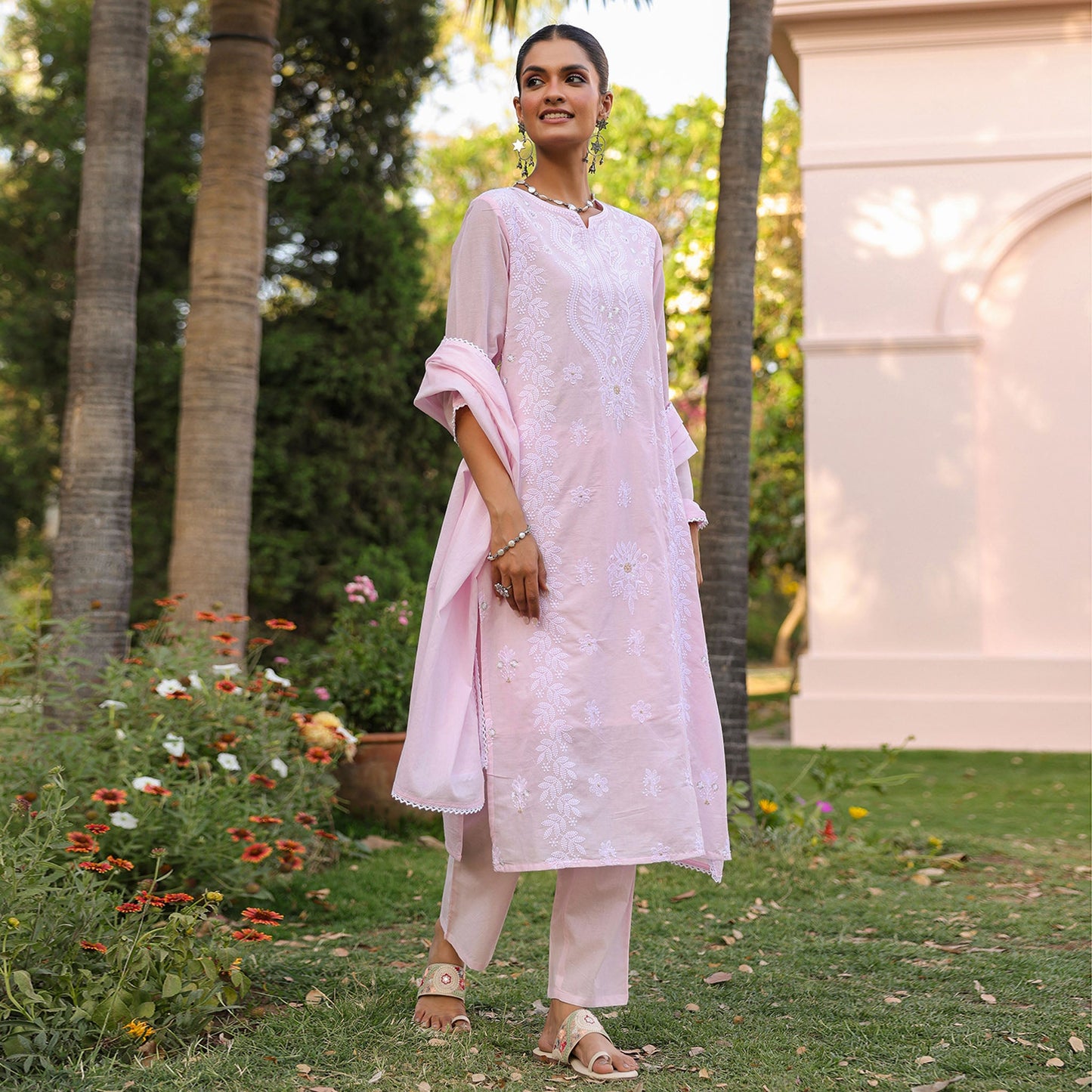 Cotton Mulmul Chikankari Embroidered Straight Suit Baby Pink - Bluauraa