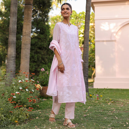 Cotton Mulmul Chikankari Embroidered Straight Suit Baby Pink - Bluauraa