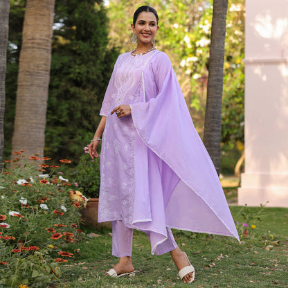 Cotton Mulmul Chikankari Embroidered Straight Suit Lavender - Bluauraa