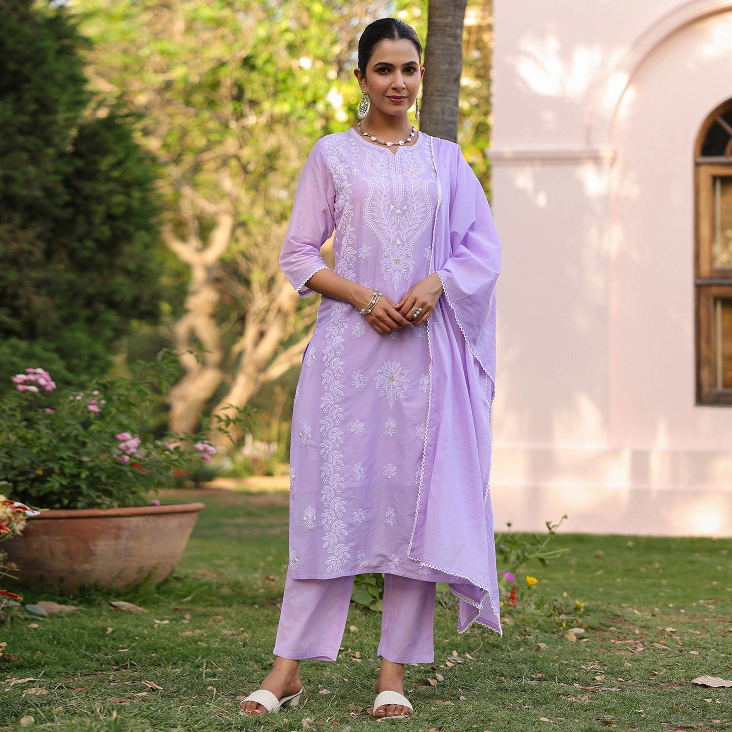 Cotton Mulmul Chikankari Embroidered Straight Suit Lavender - Bluauraa