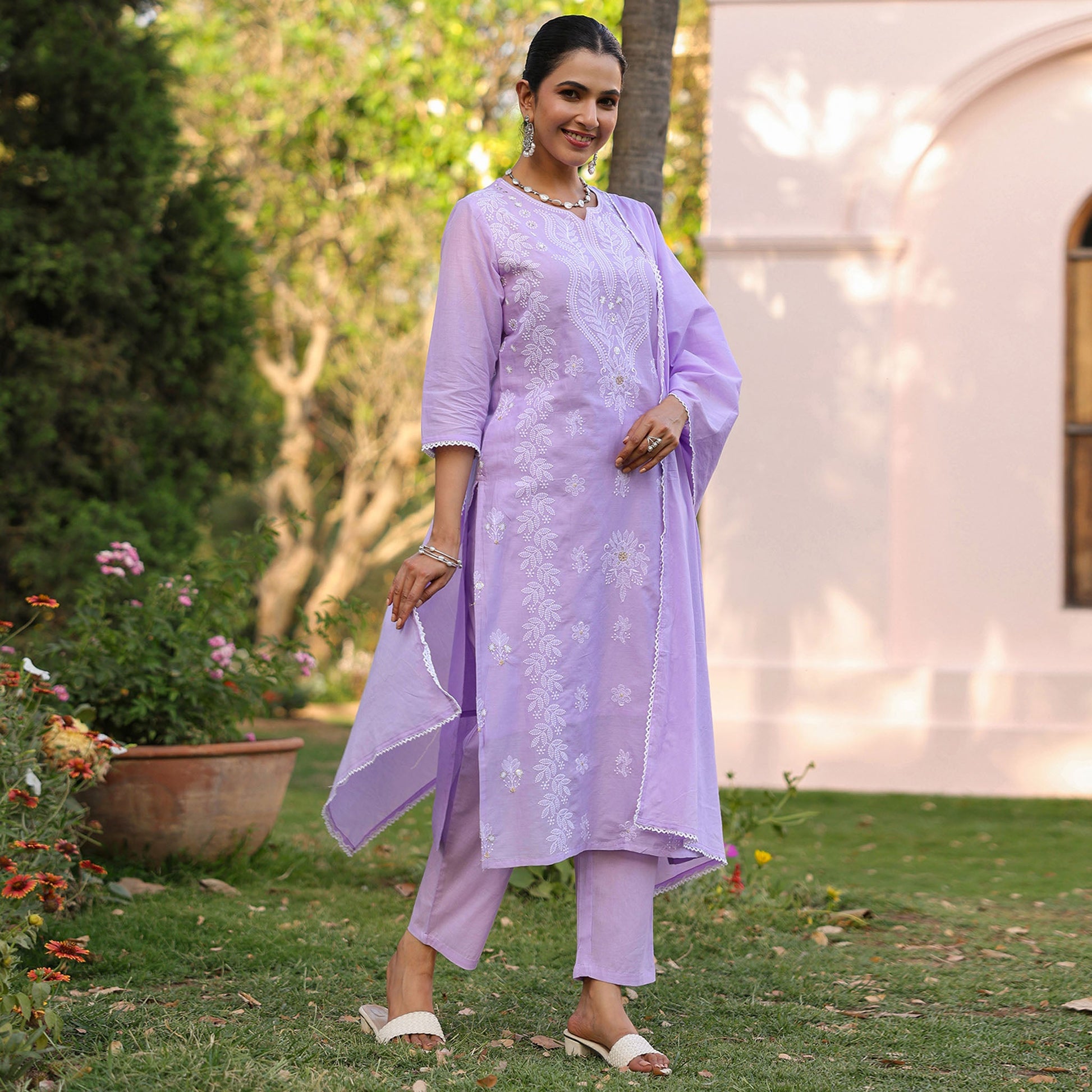Cotton Mulmul Chikankari Embroidered Straight Suit Lavender - Bluauraa