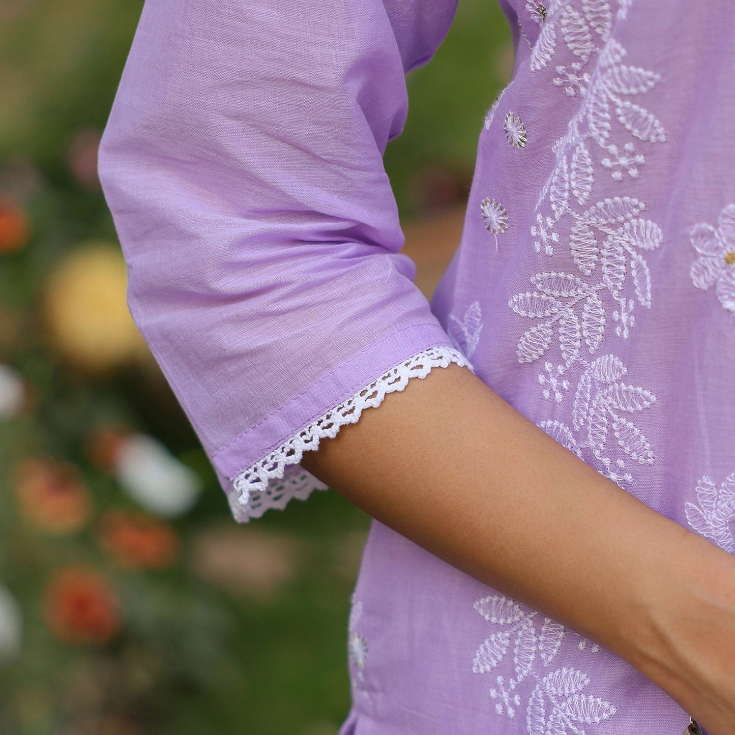 Cotton Mulmul Chikankari Embroidered Straight Suit Lavender - Bluauraa