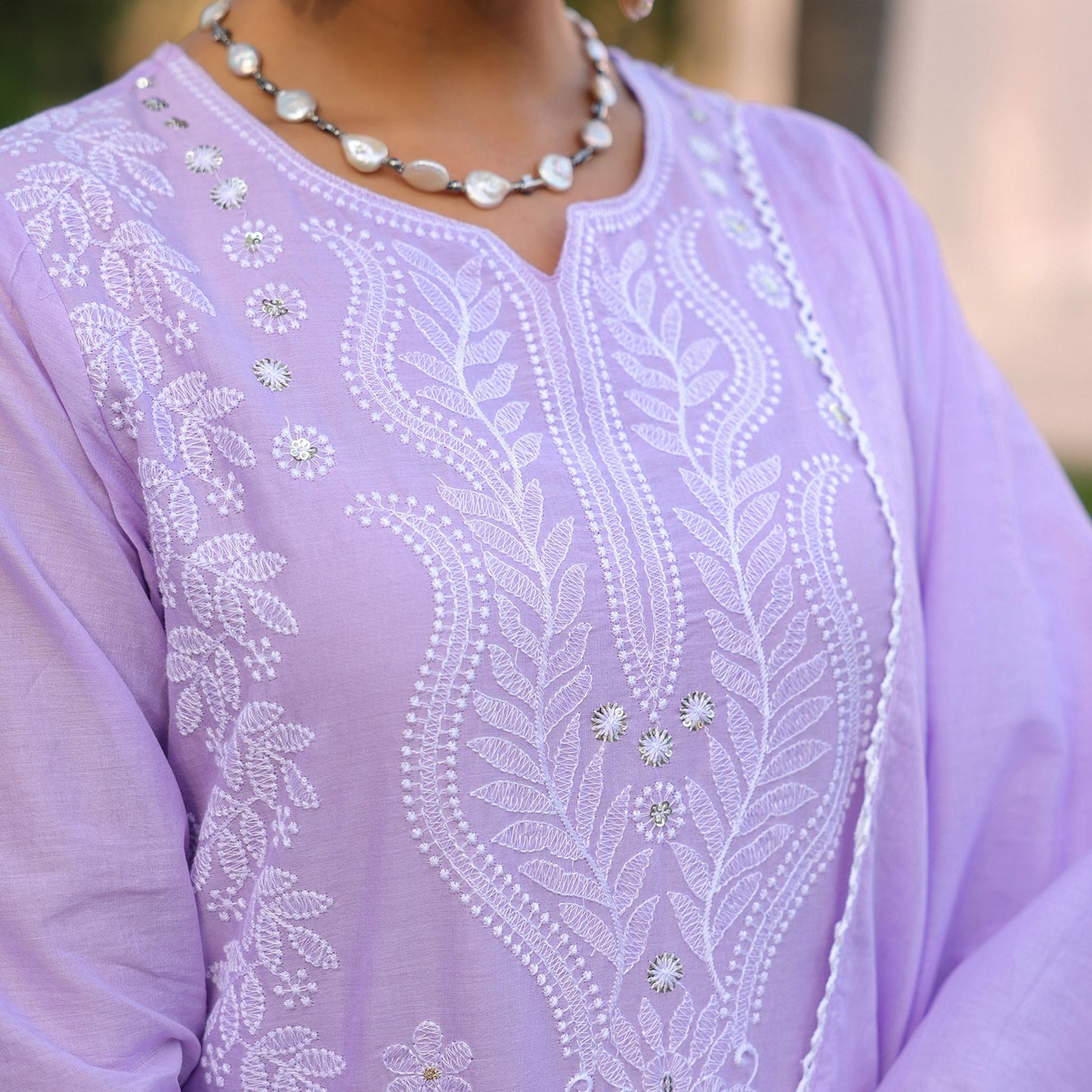 Cotton Mulmul Chikankari Embroidered Straight Suit Lavender - Bluauraa