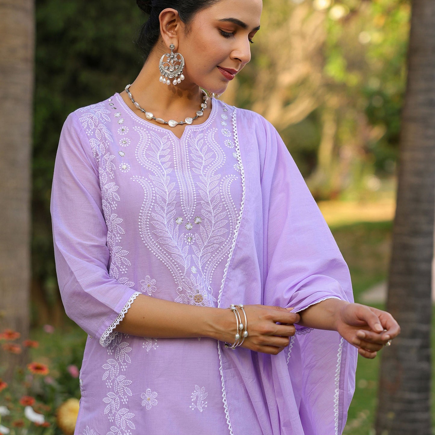 Cotton Mulmul Chikankari Embroidered Straight Suit Lavender - Bluauraa