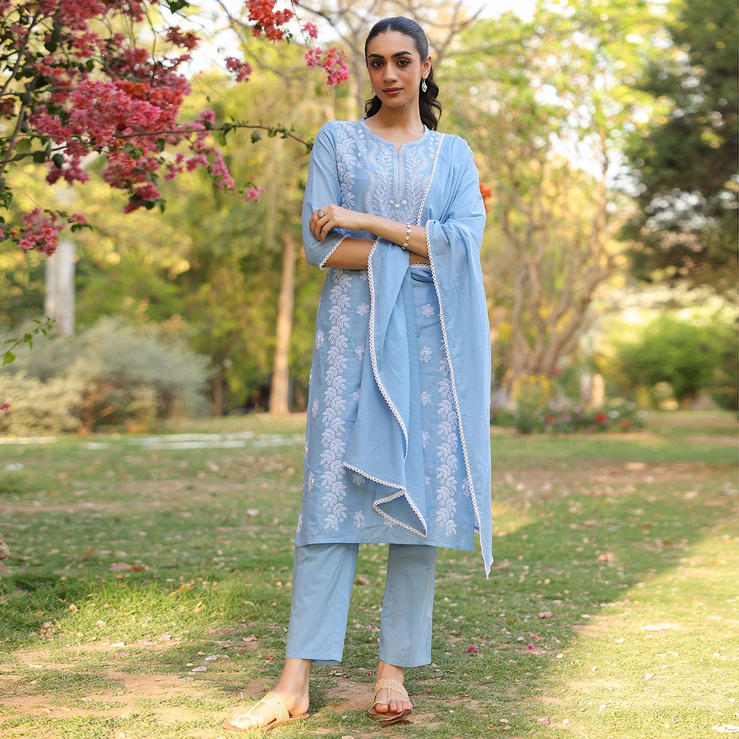 Cotton Mulmul Chikankari Embroidered Straight Suit Powder Blue - Bluauraa