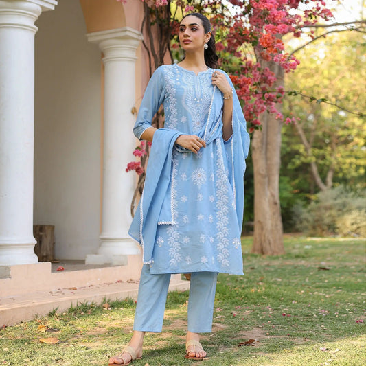 Cotton Mulmul Chikankari Embroidered Straight Suit Powder Blue - Bluauraa