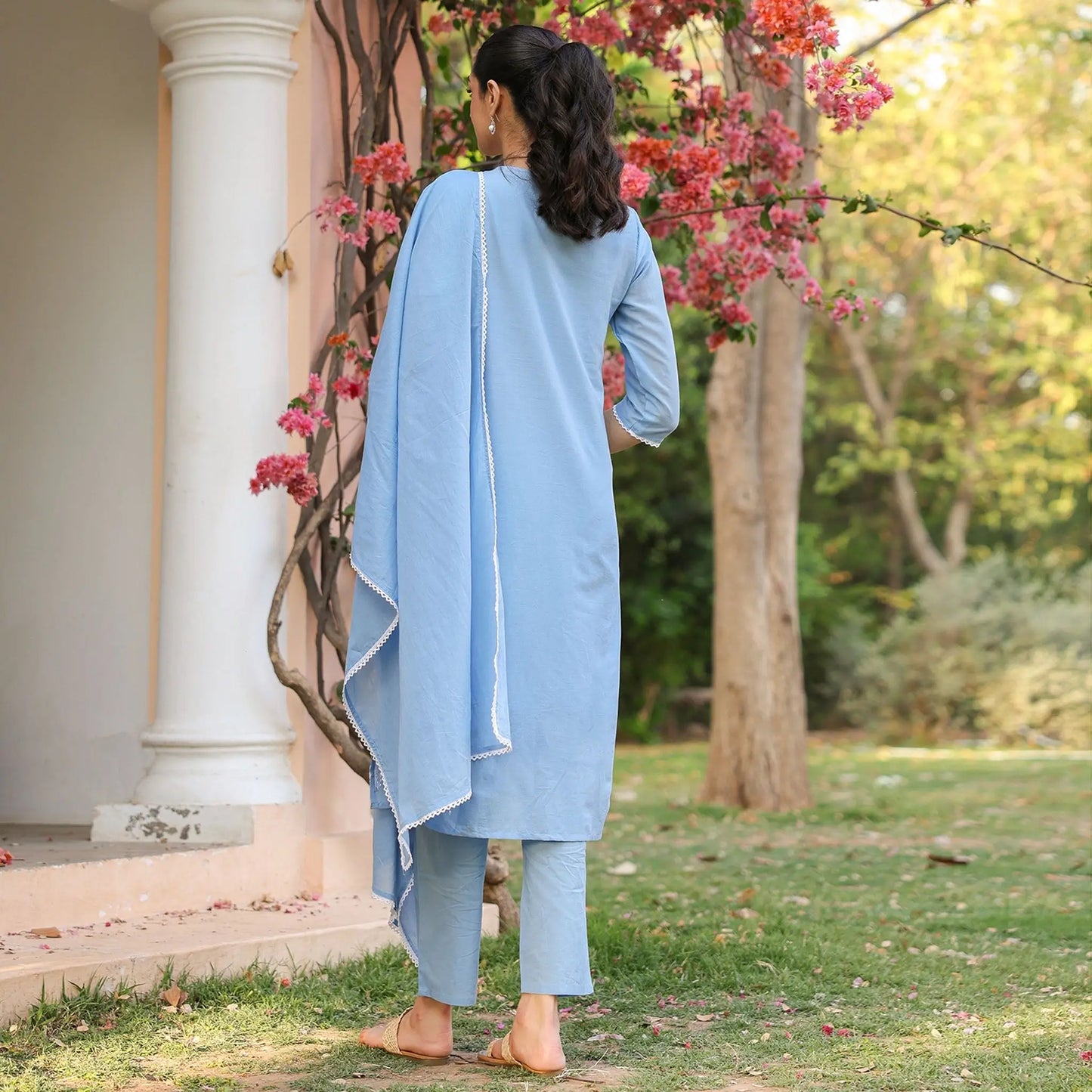 Cotton Mulmul Chikankari Embroidered Straight Suit Powder Blue - Bluauraa