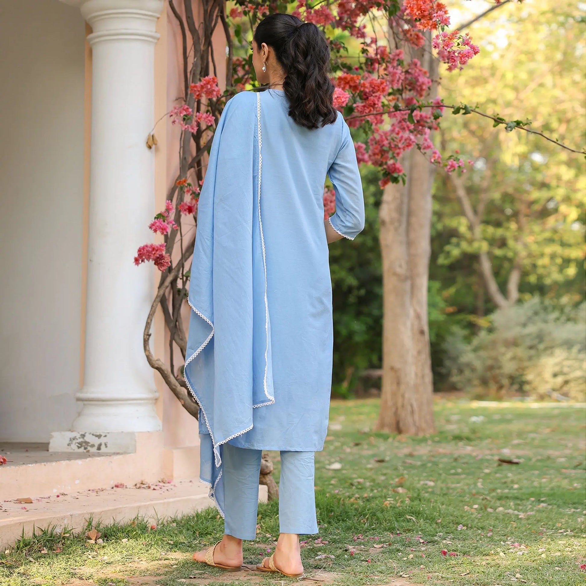 Cotton Mulmul Chikankari Embroidered Straight Suit Powder Blue - Bluauraa