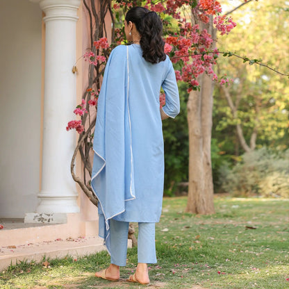 Cotton Mulmul Chikankari Embroidered Straight Suit Powder Blue - Bluauraa