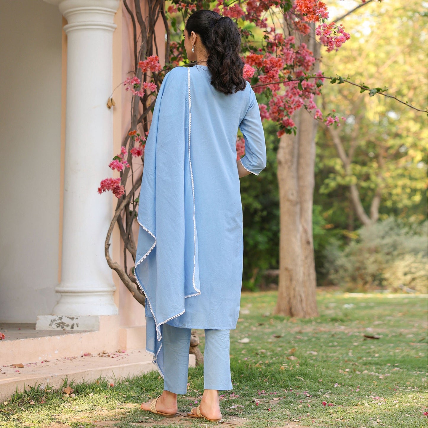 Cotton Mulmul Chikankari Embroidered Straight Suit Powder Blue - Bluauraa