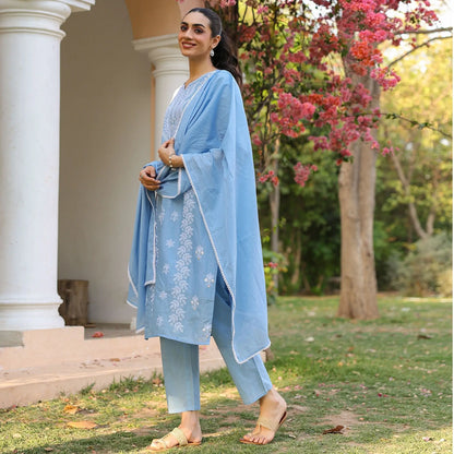 Cotton Mulmul Chikankari Embroidered Straight Suit Powder Blue - Bluauraa