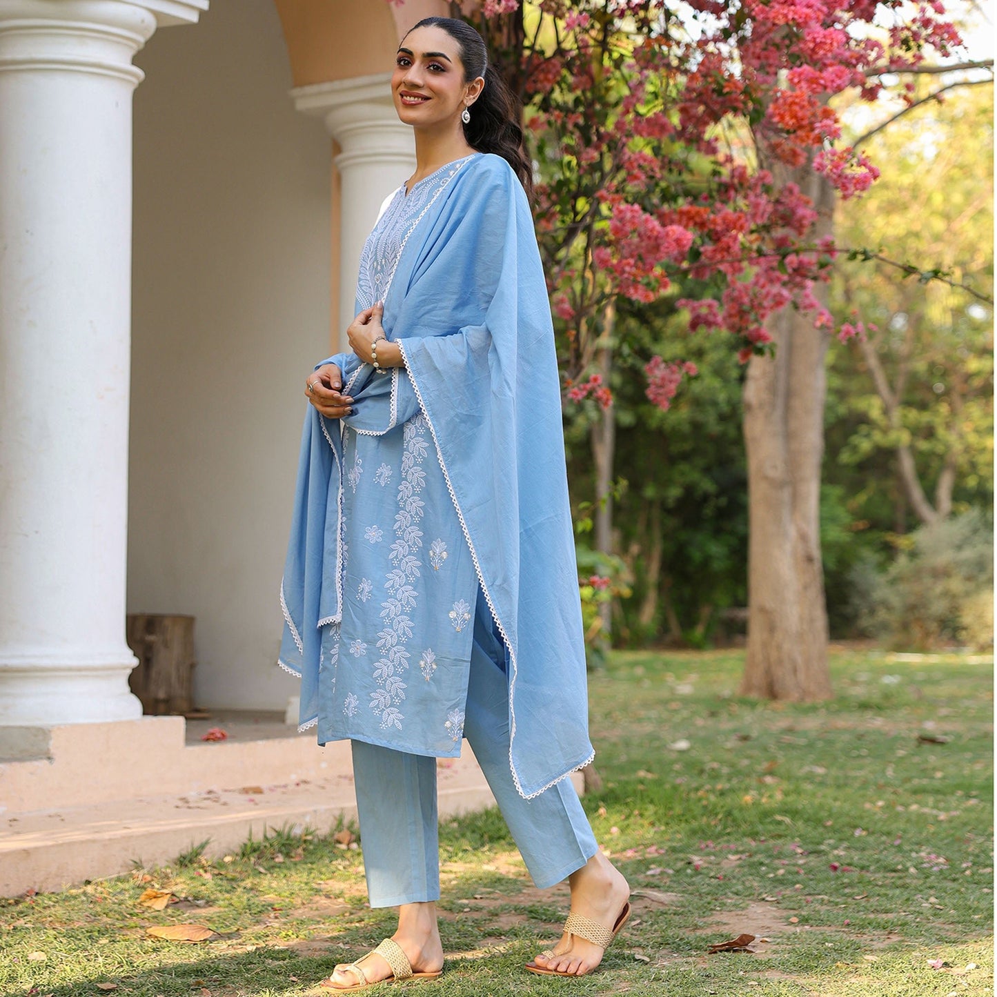 Cotton Mulmul Chikankari Embroidered Straight Suit Powder Blue - Bluauraa
