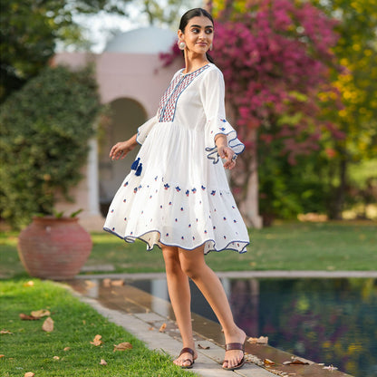 Cotton Mulmul Embroidered Dress - Bluauraa