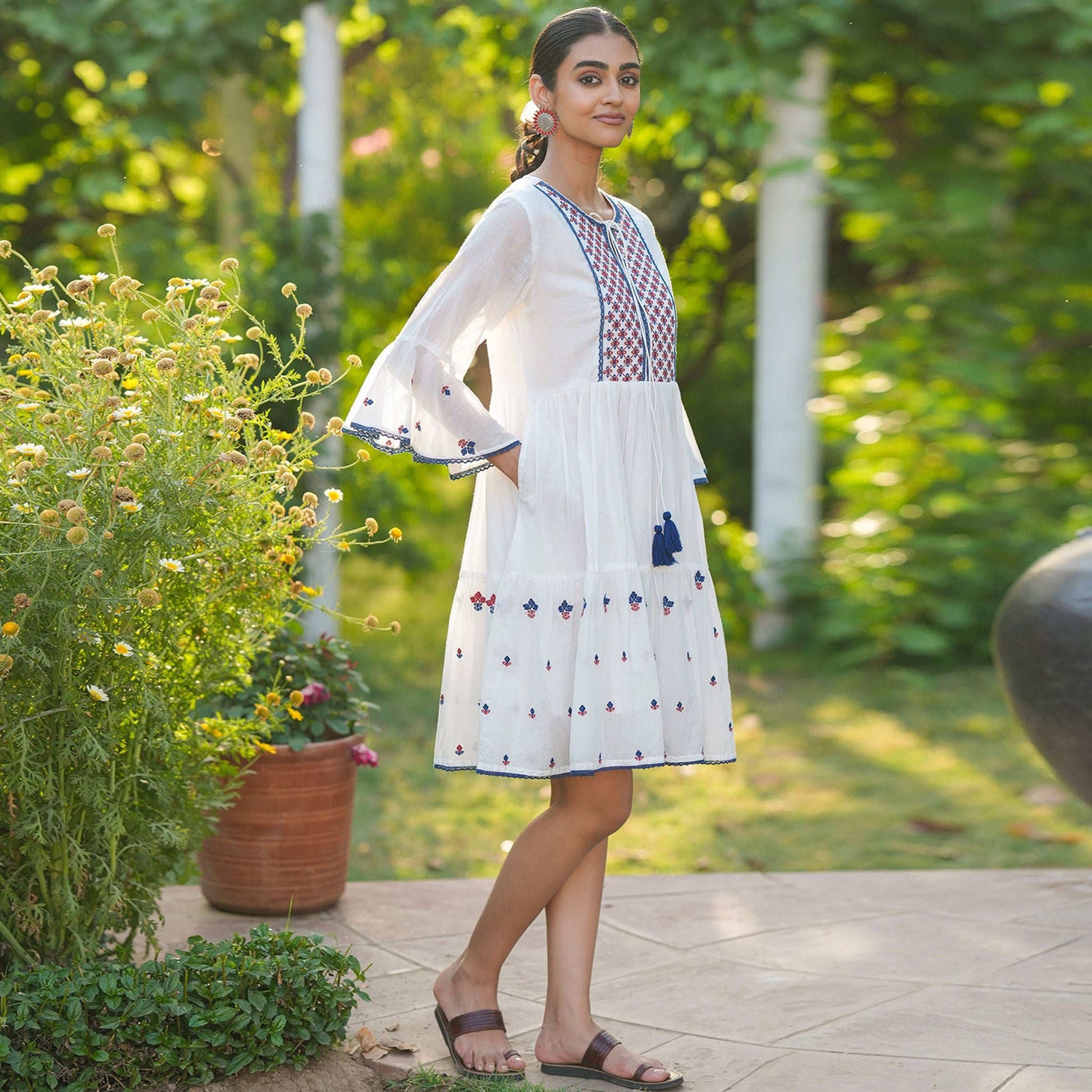 Cotton Mulmul Embroidered Dress - Bluauraa
