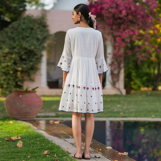 Cotton Mulmul Embroidered Dress - Bluauraa