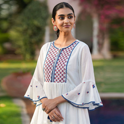 Cotton Mulmul Embroidered Dress - Bluauraa