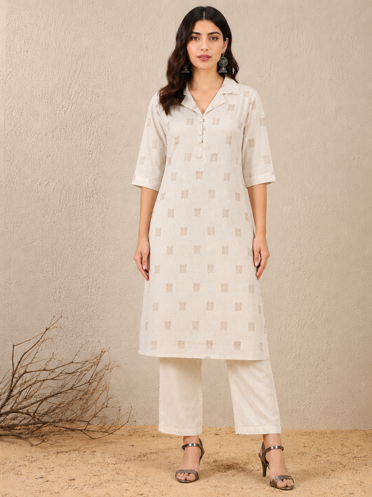 Ivory Collared Kurti and Pant Set