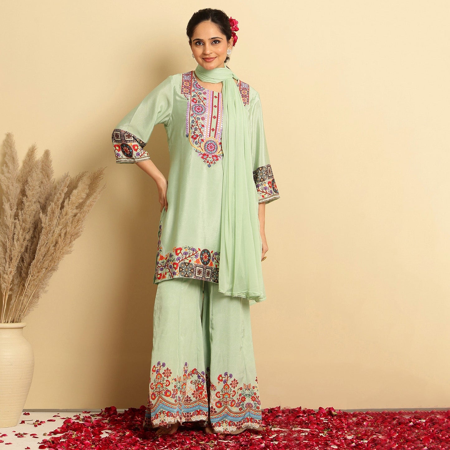 Crepe Silk Printed - Embroidered Sharara Set - Bluauraa