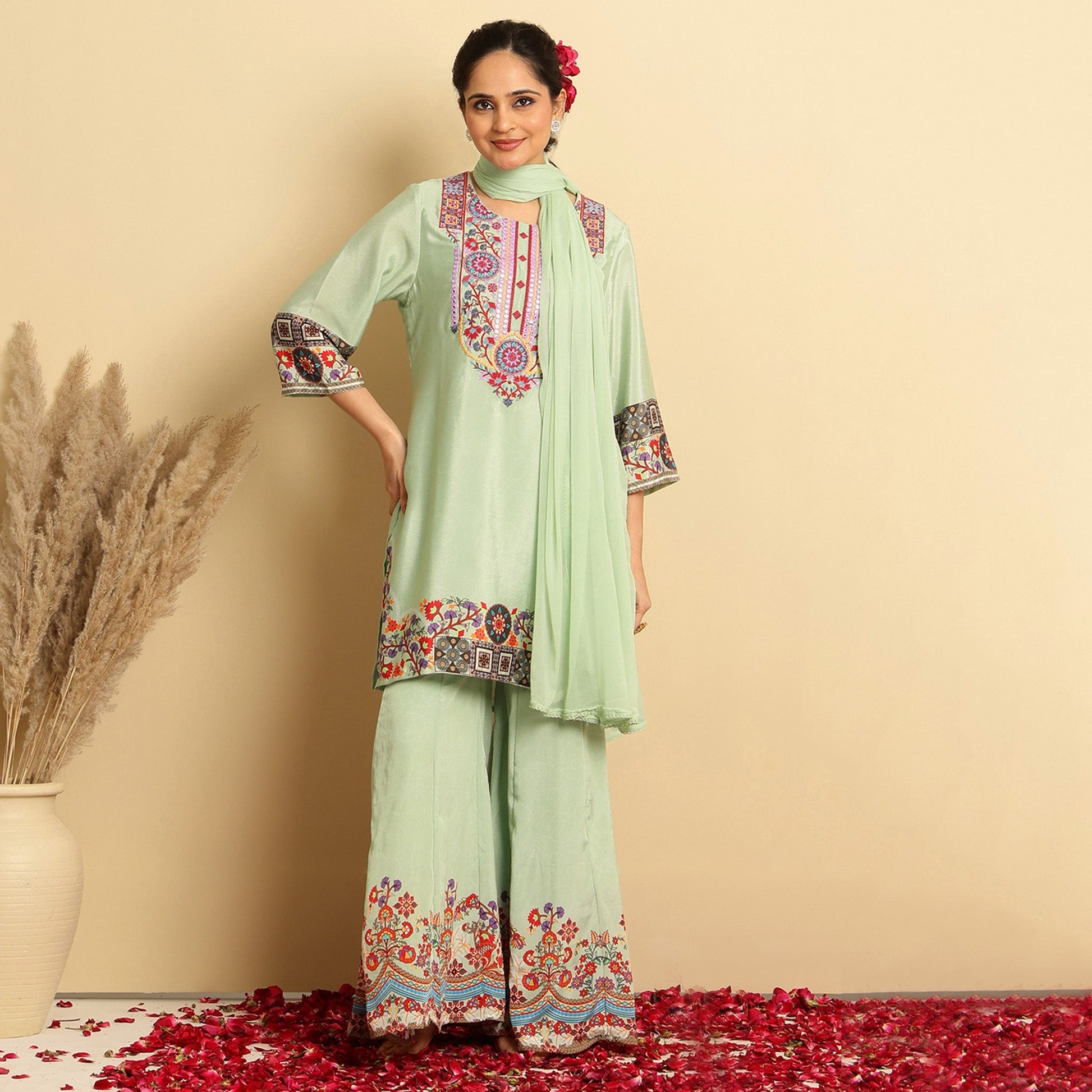 Crepe Silk Printed - Embroidered Sharara Set - Bluauraa