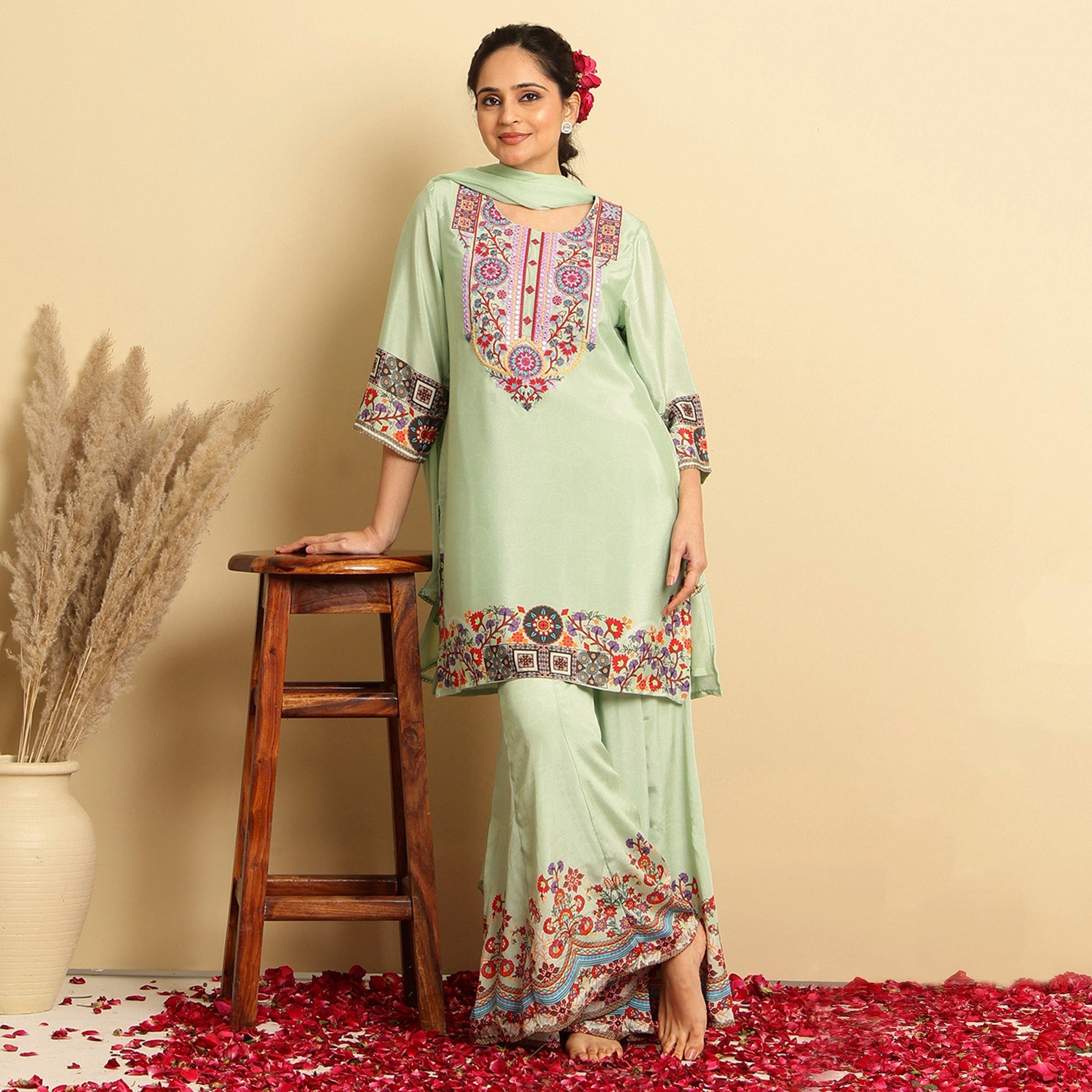Crepe Silk Printed - Embroidered Sharara Set - Bluauraa