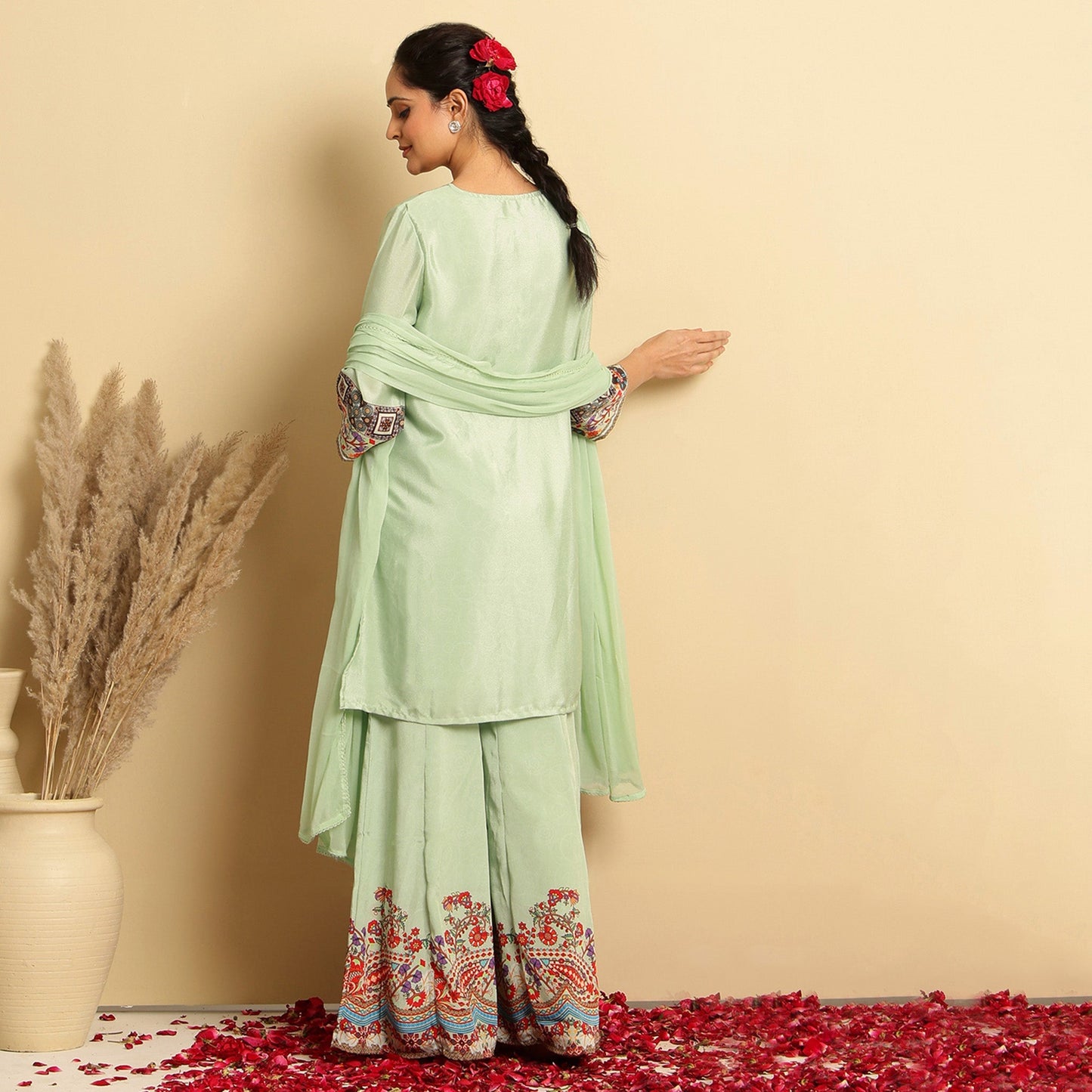 Crepe Silk Printed - Embroidered Sharara Set - Bluauraa