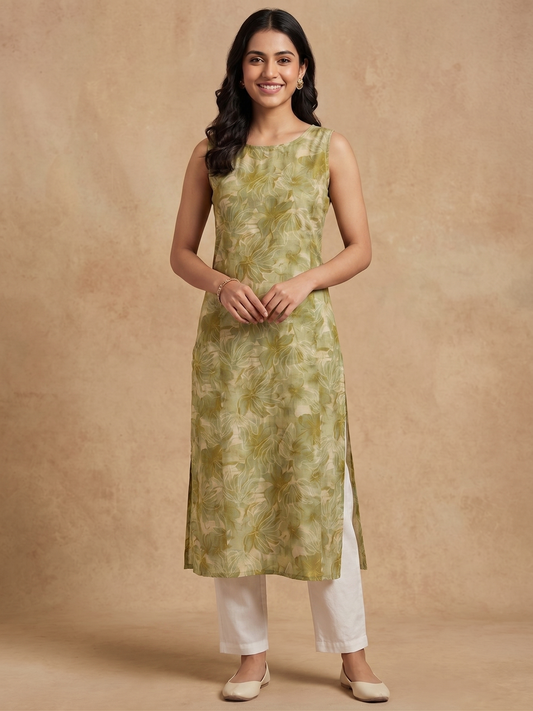 Green Floral Sleeveless Kurti and Pant Set