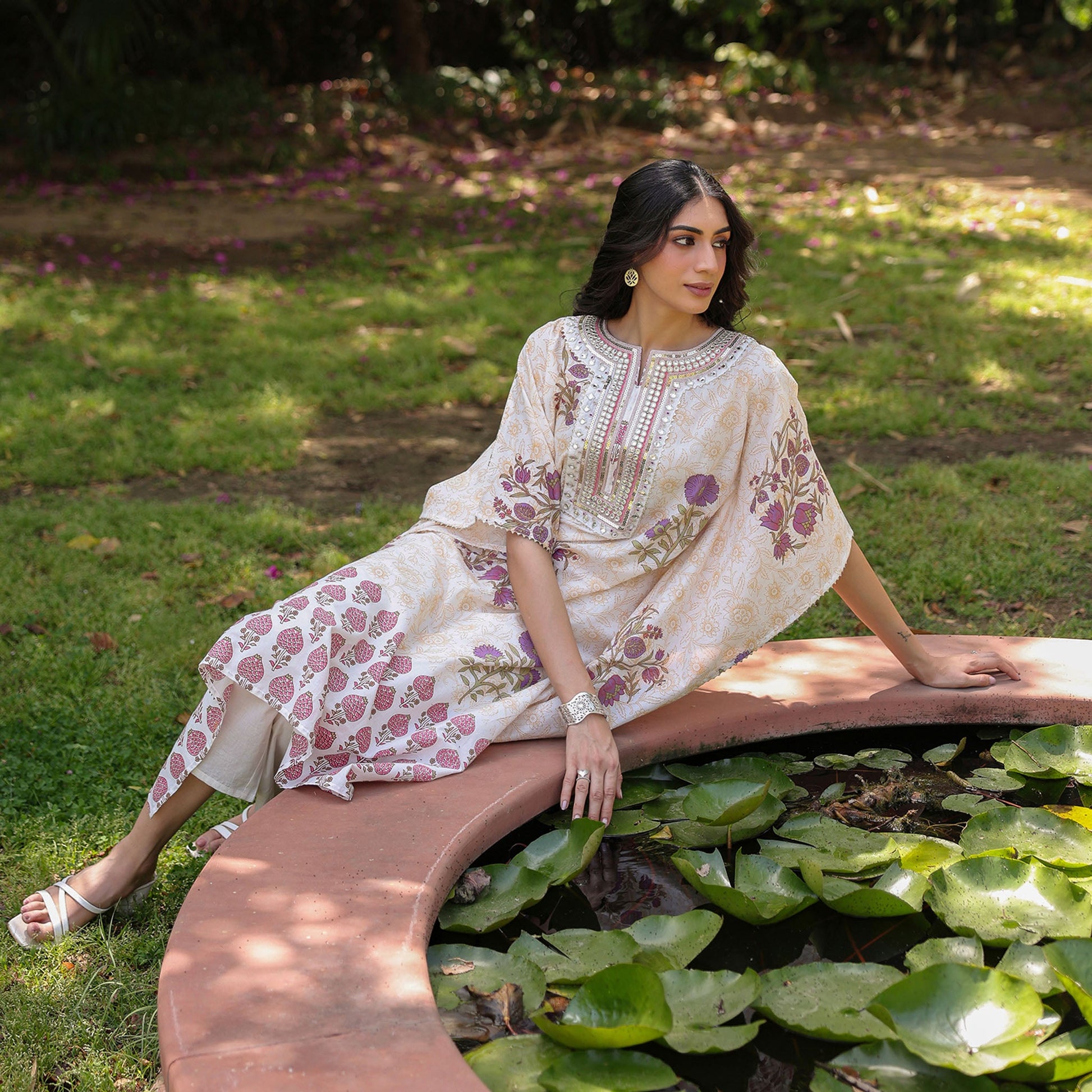 Jaal - Pattern Cotton Block Printed Kaftan Set - Bluauraa