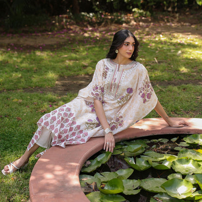 Jaal - Pattern Cotton Block Printed Kaftan Set - Bluauraa
