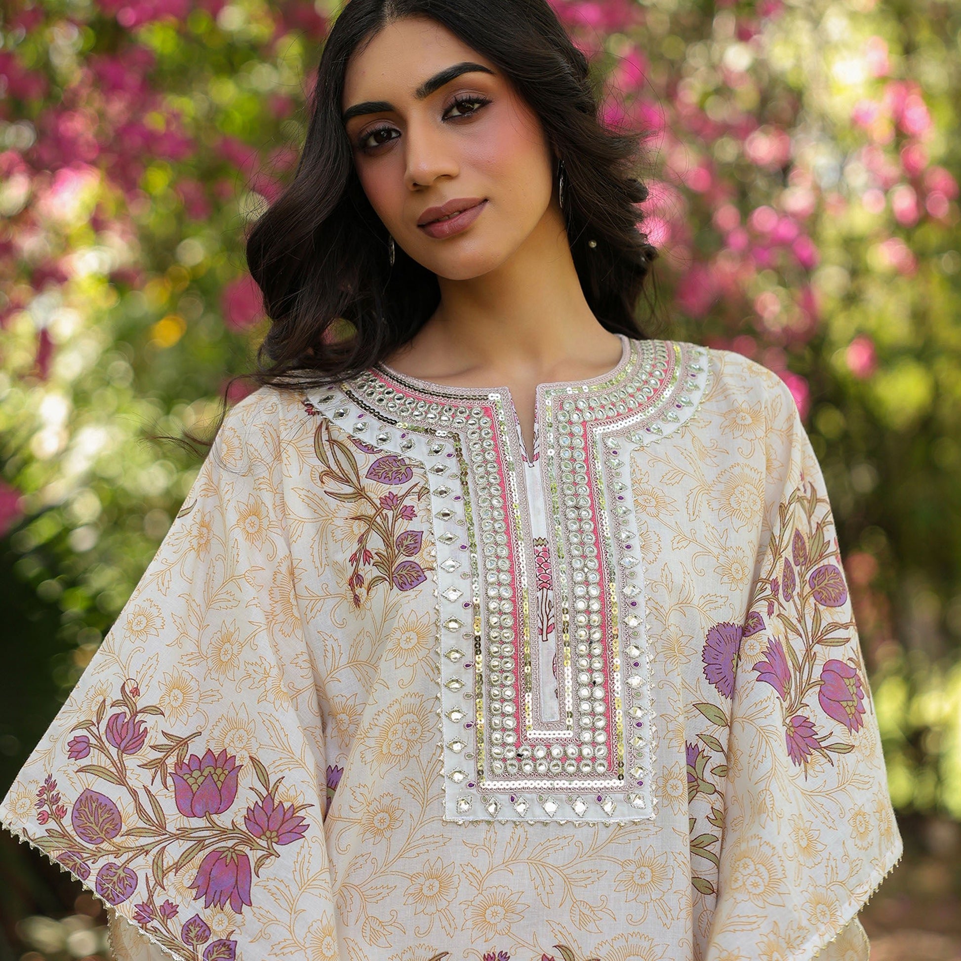 Jaal - Pattern Cotton Block Printed Kaftan Set - Bluauraa
