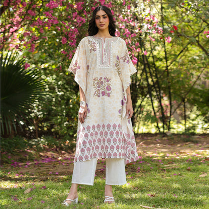 Jaal - Pattern Cotton Block Printed Kaftan Set - Bluauraa