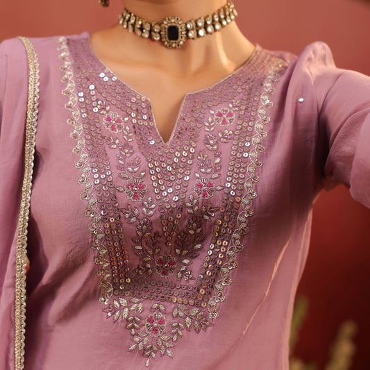 Lavender Mul Chanderi Hand Embroidered Straight Suit Set - Bluauraa