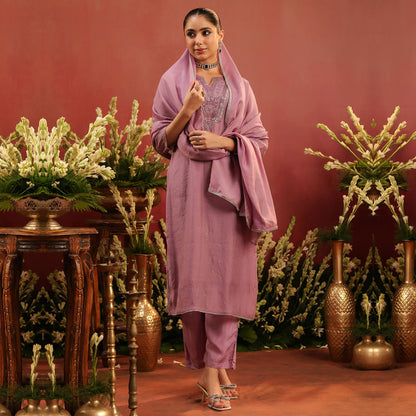 Lavender Mul Chanderi Hand Embroidered Straight Suit Set - Bluauraa