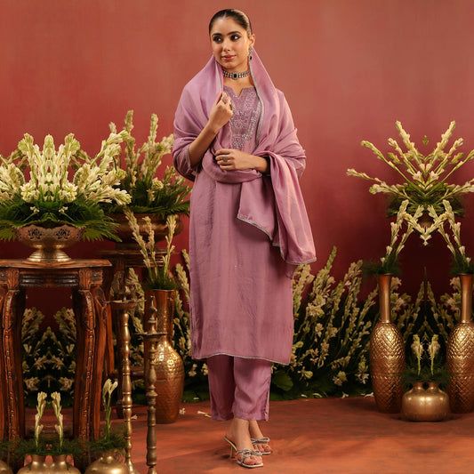 Lavender Mul Chanderi Hand Embroidered Straight Suit Set - Bluauraa