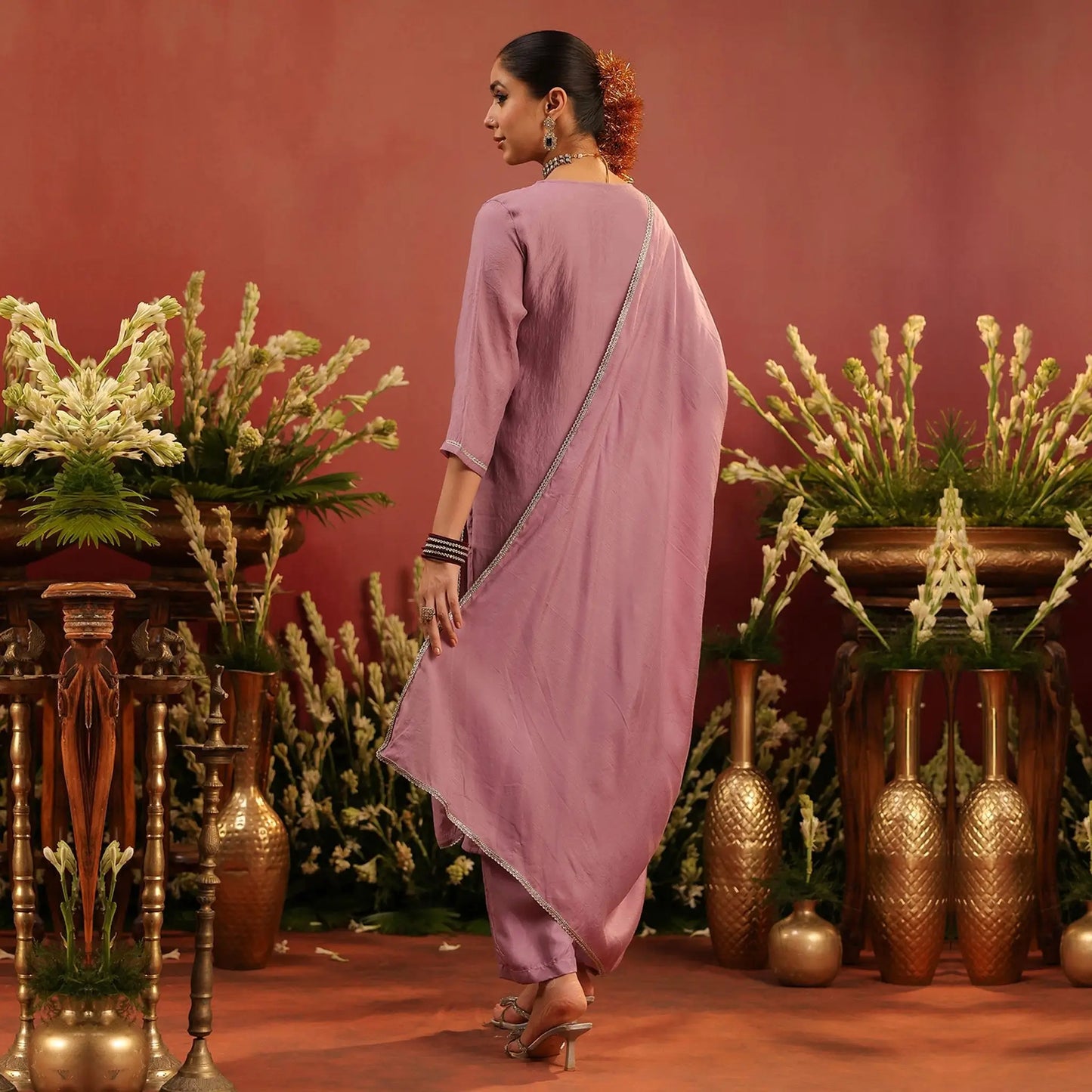 Lavender Mul Chanderi Hand Embroidered Straight Suit Set - Bluauraa