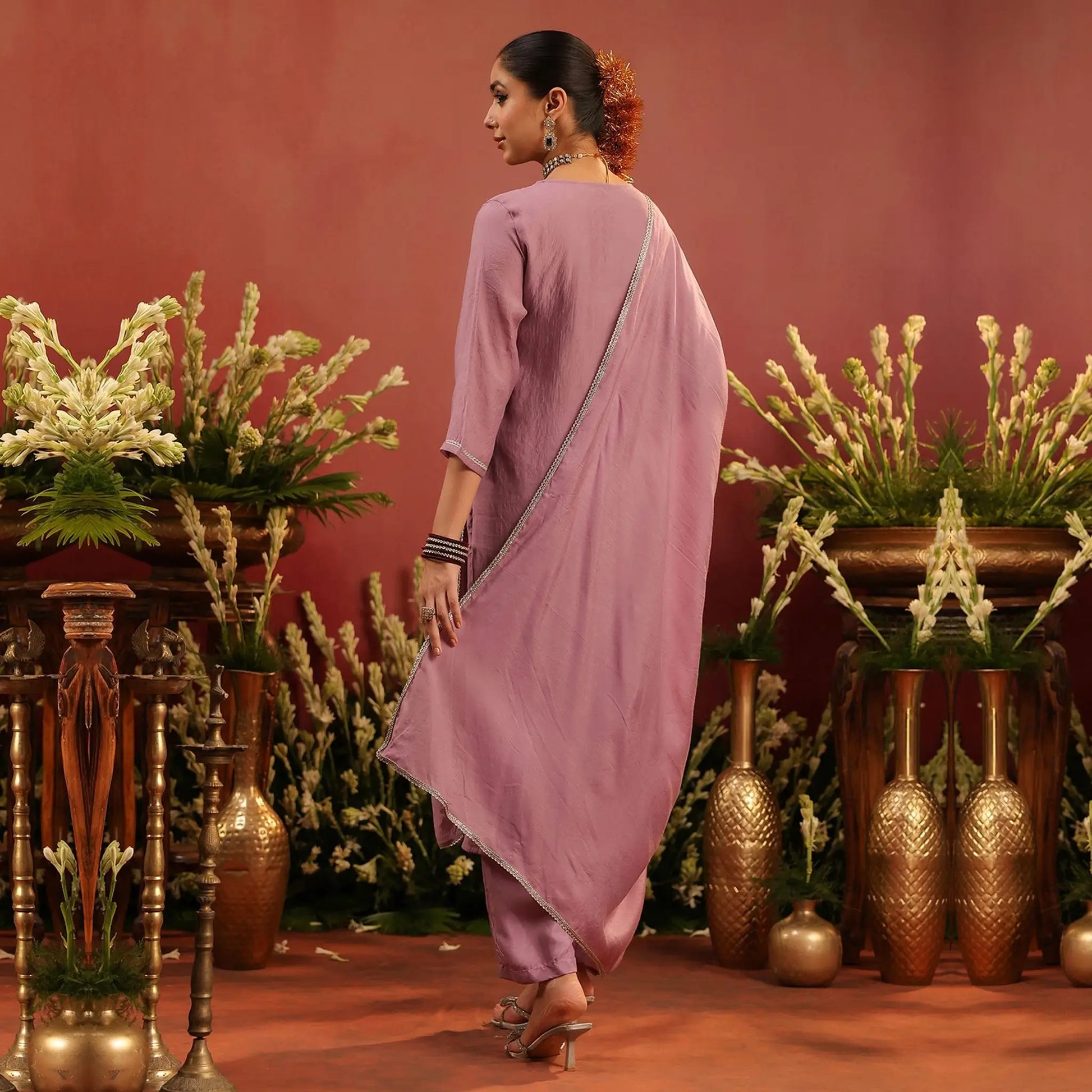 Lavender Mul Chanderi Hand Embroidered Straight Suit Set - Bluauraa