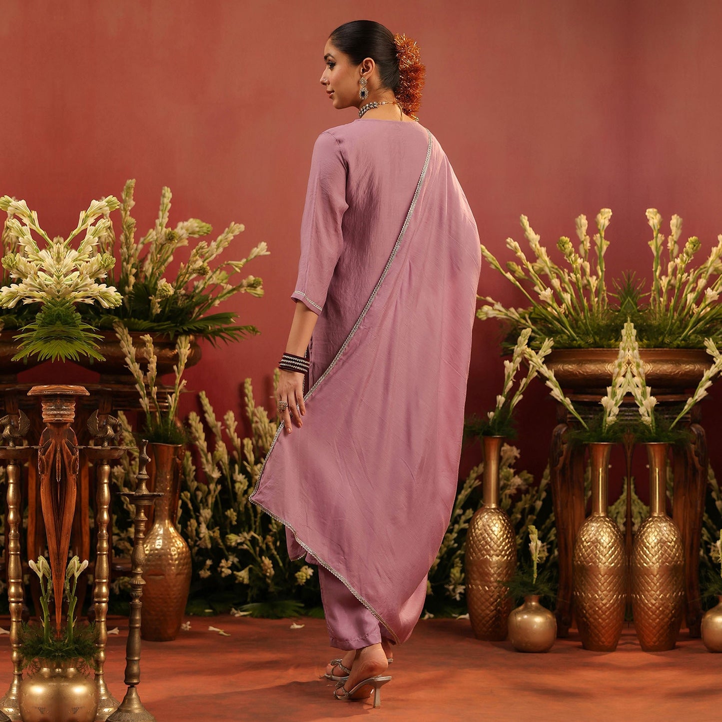Lavender Mul Chanderi Hand Embroidered Straight Suit Set - Bluauraa