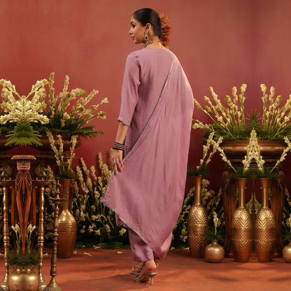 Lavender Mul Chanderi Hand Embroidered Straight Suit Set - Bluauraa