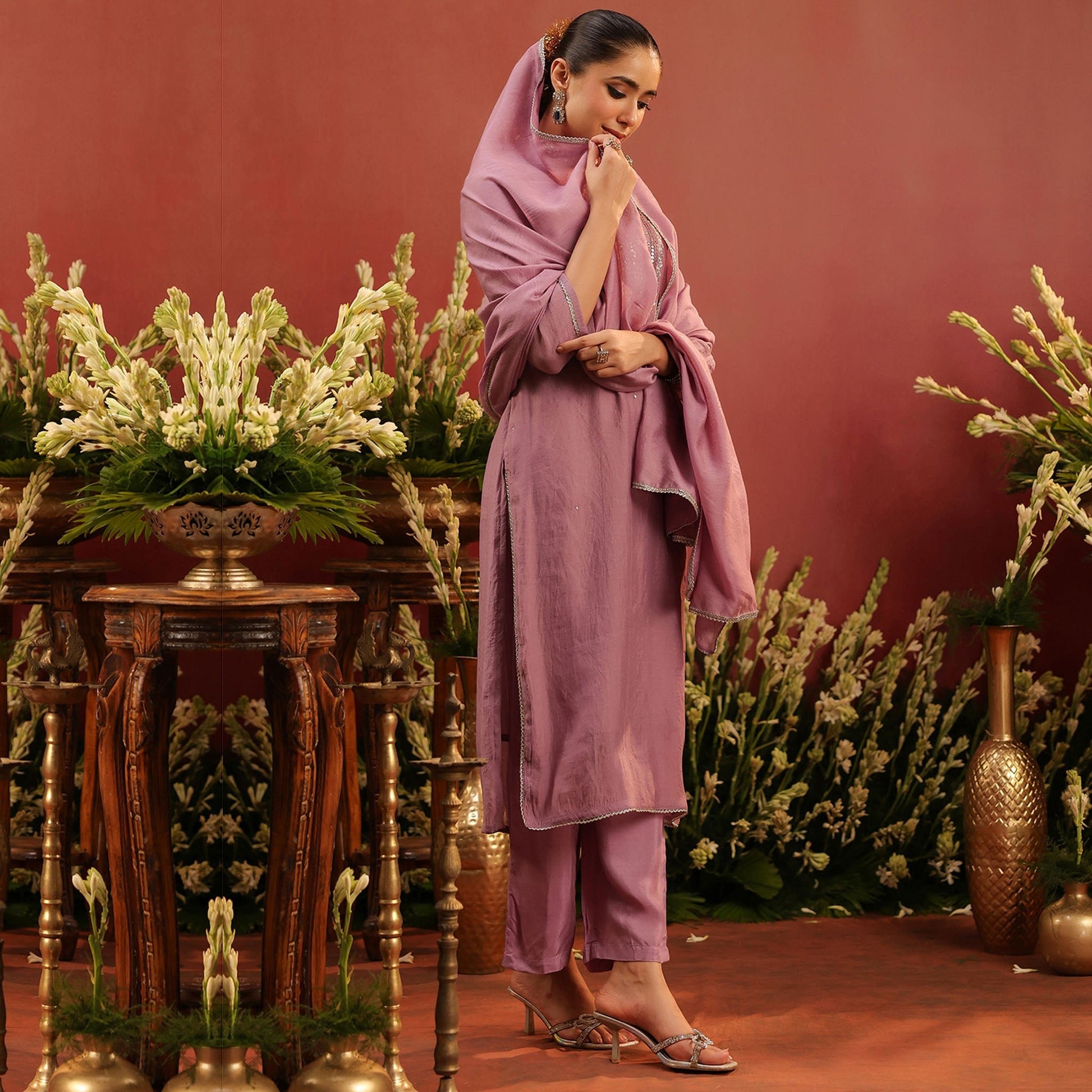 Lavender Mul Chanderi Hand Embroidered Straight Suit Set - Bluauraa