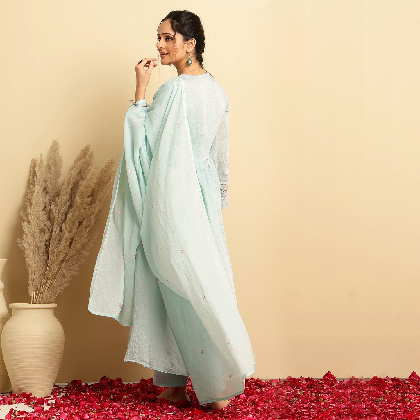 Mul Chanderi Embroidered Angrakha Anarkali Suit - Bluauraa