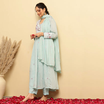 Mul Chanderi Embroidered Angrakha Anarkali Suit - Bluauraa