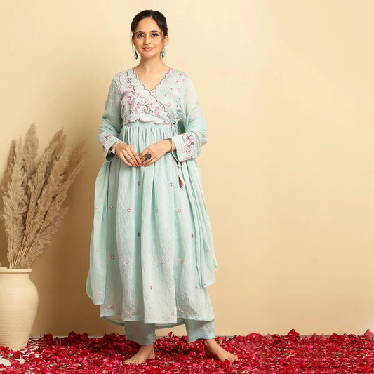 Mul Chanderi Embroidered Angrakha Anarkali Suit - Bluauraa