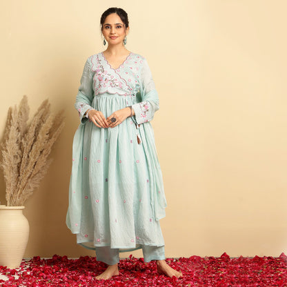Mul Chanderi Embroidered Angrakha Anarkali Suit - Bluauraa
