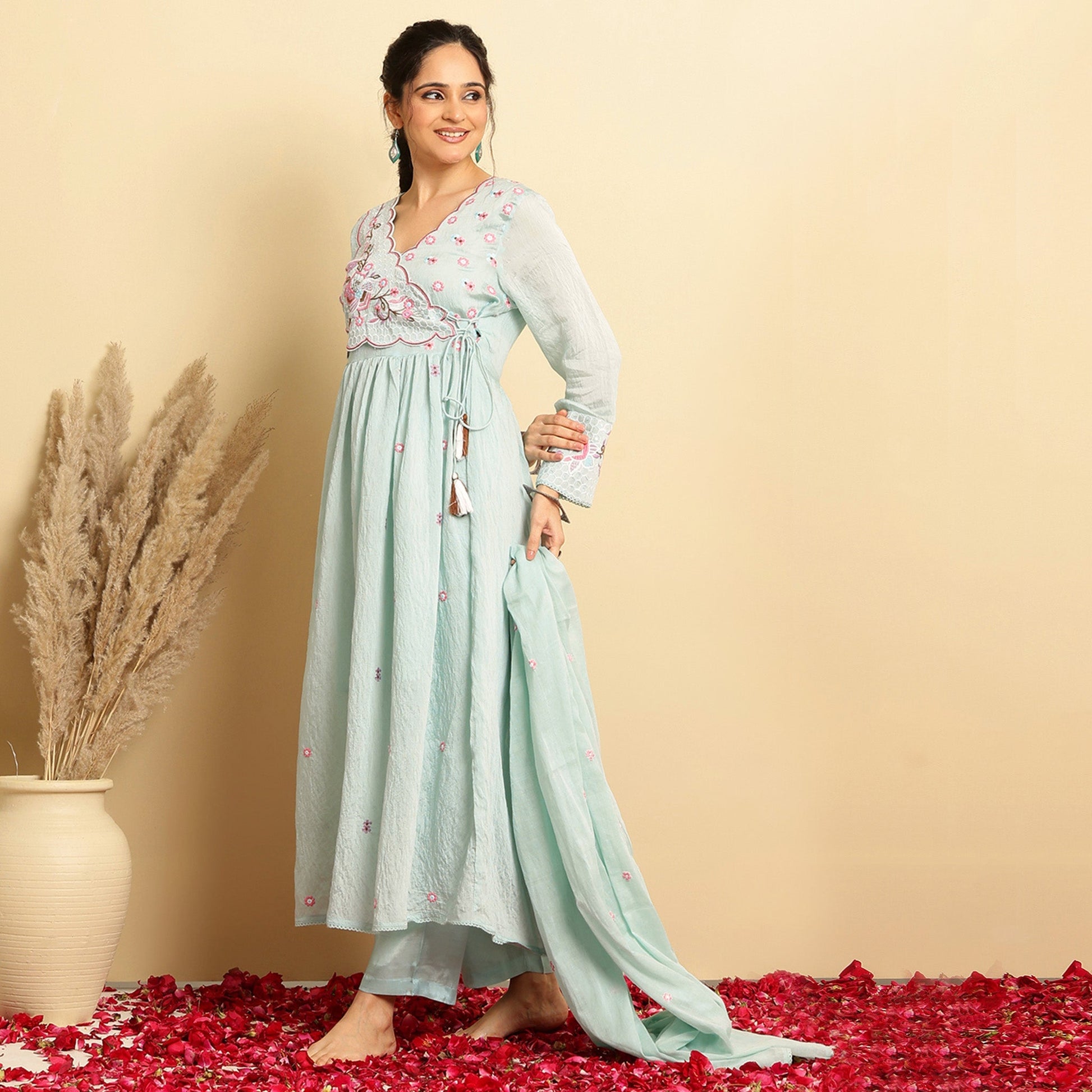 Mul Chanderi Embroidered Angrakha Anarkali Suit - Bluauraa