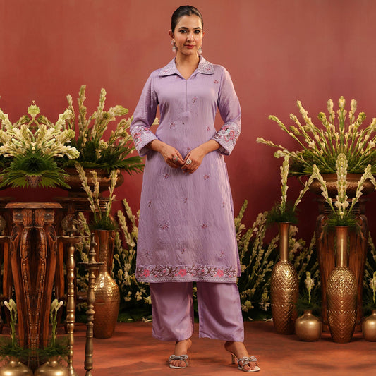 Mul Chanderi Embroidered Co - ord Set - Bluauraa