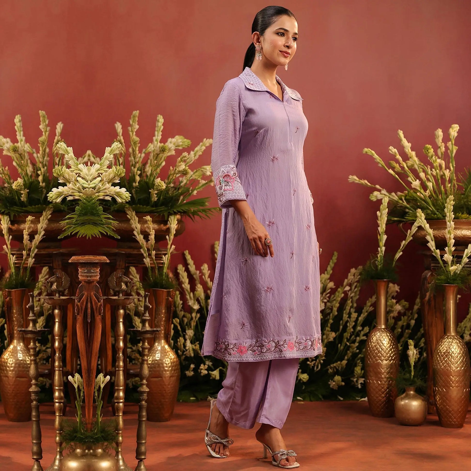 Mul Chanderi Embroidered Co - ord Set - Bluauraa